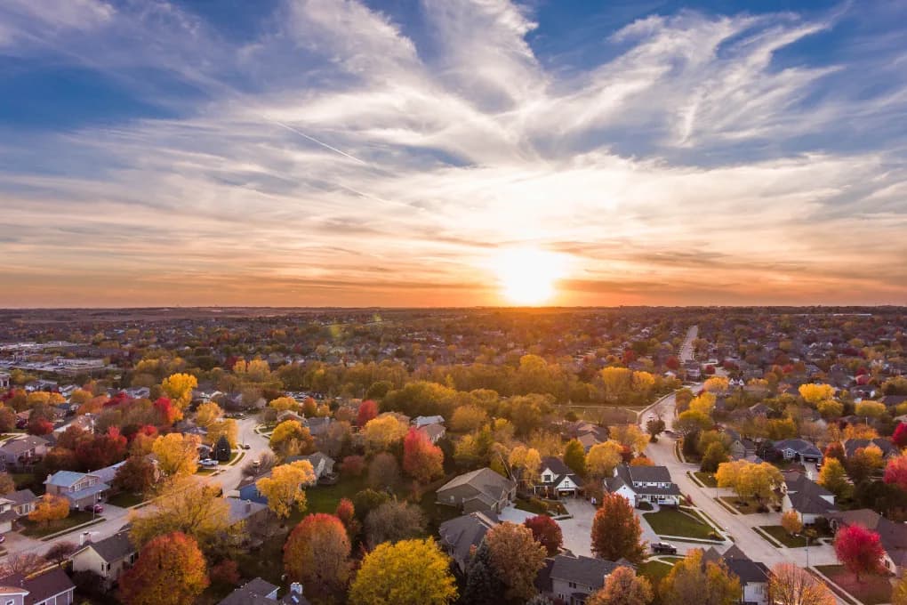 Bird's eye view of houses in the fall time.