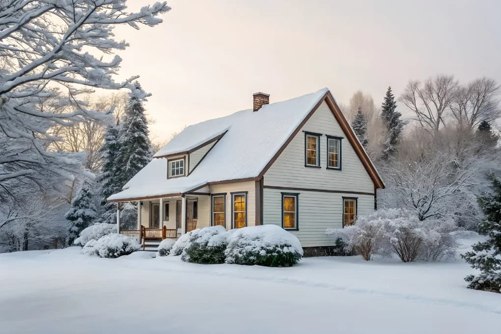 House during winter, with snow covering the ground and roof.