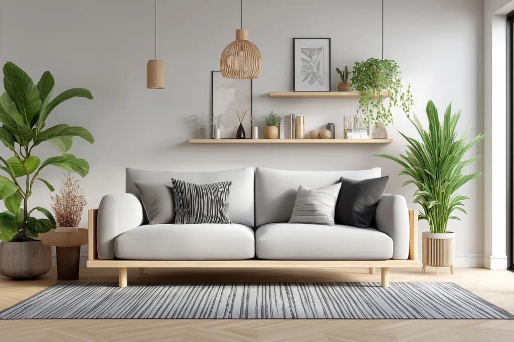 Staged living room with couch, plants, and shelving.