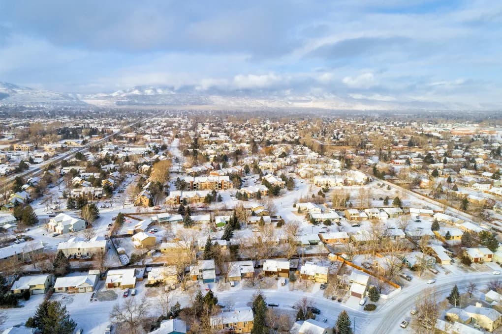 Bird's eye view of neighborhood in the winter.