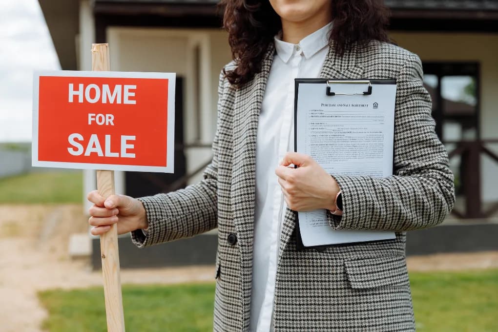 Woman holding home for sale sign and purchase agreement in the front yard of a home.