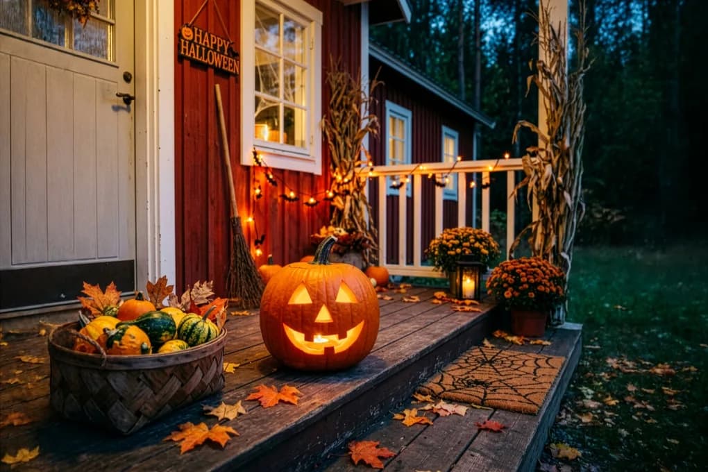 Jack-o-lantern and a basket of pumpkins on a front porch.