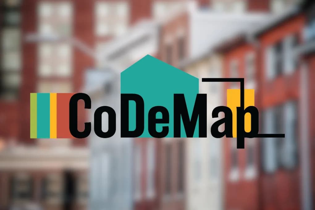 CoDeMap logo, with blurred houses behind.