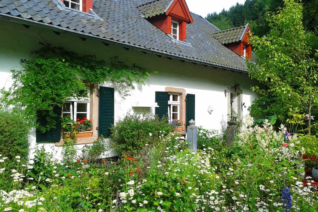 Small house with spring flowers in the front yard.