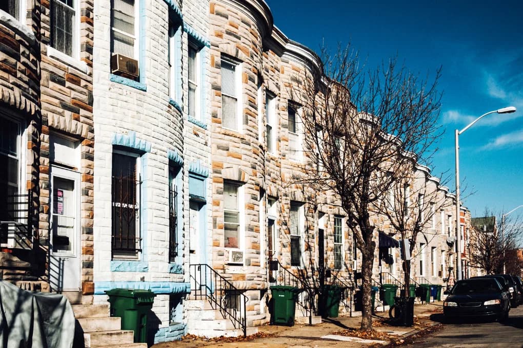 Street view of Baltimore row homes.